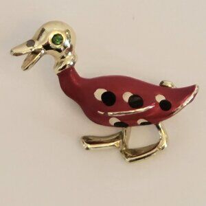 Vintage Enamel Duck Brooch Pin With Polka Dots & Green Gem Eyes